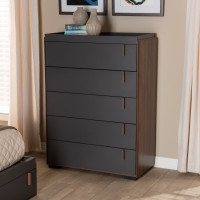 Baxton Studio BR3COD306-Columbia/Dark Grey-Chest Rikke Modern and Contemporary Two-Tone Gray and Walnut Finished Wood 5-Drawer Chest